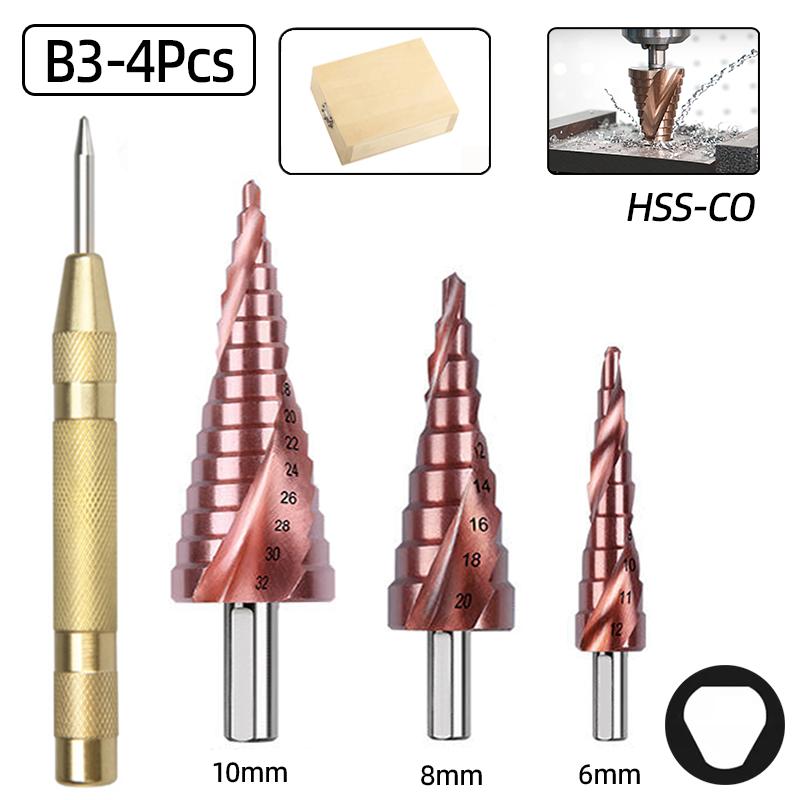 Сверло HSS-CO M35 Cobalt Step Drill Spiral Groove Triangle Hex Shank Нержавеющая сталь Metal Hole Cutter Conical Stage Drill Tools