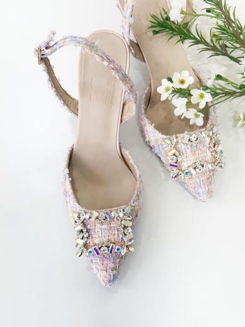 In The Balcony Erin Pink Tweed Stiletto Slingback Pumps 6Cm