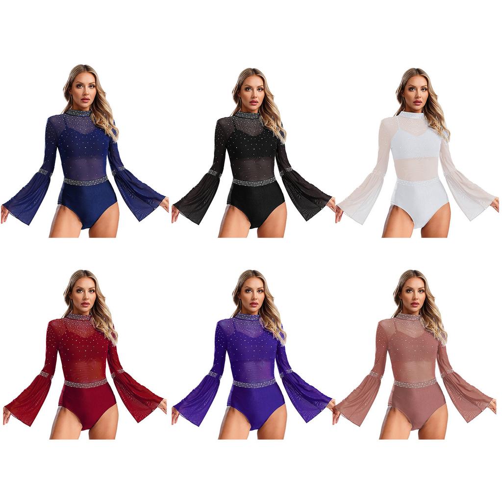 Женская лоскутная расклешенная рукава с открытой спиной, блестящая танцевальная одежда со стразами для гимнастики, джаза, латиноамериканского фигурного катания, балета