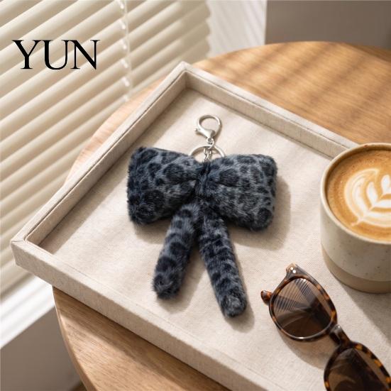 Leopard Pattern Charm Print Plush Bow Keychain, Fluffy Bowknot Bag Ornament with Lobster Clasp, Women Girls Handbag Decorative Accessory Metal