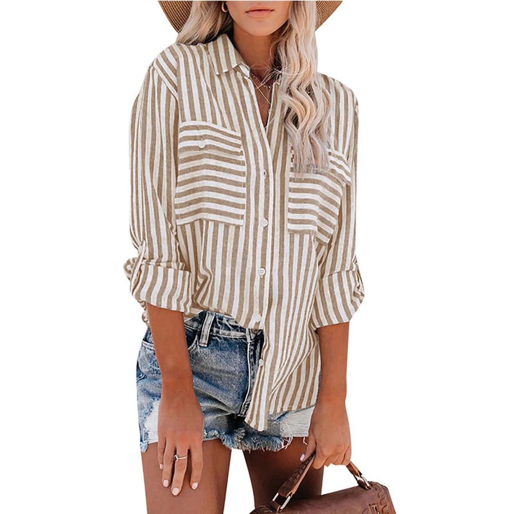2024 Spring/Summer Women's Striped Cotton-Polyester Long-Sleeve Shirt