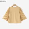 ZANZEA Women Casual V-Neck Pleated 3/4 Sleeve Loose Blouse