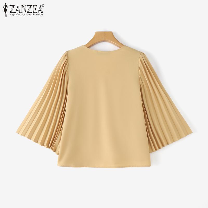 ZANZEA Women Casual V-Neck Pleated 3/4 Sleeve Loose Blouse