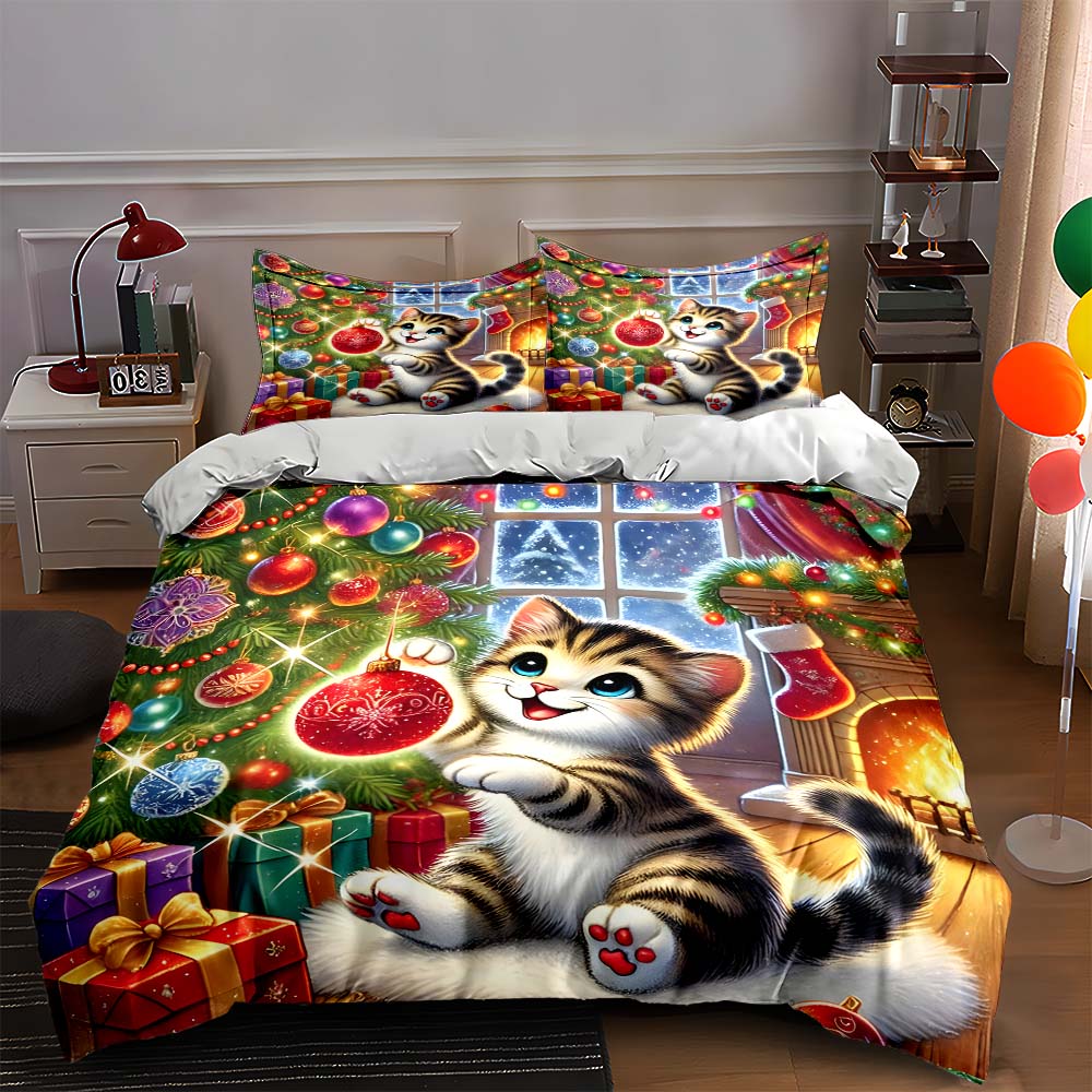 Festive kitten scene Bedding Duvet cover sets Duvet covers Pillowcases gifts (1 * Duvet Cover 2 * Pillowcases, without duvet insert)