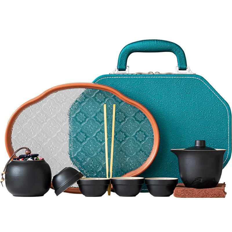Coarse pottery portable travel tea set high-end one pot four cups business outdoor portable storage bag business office