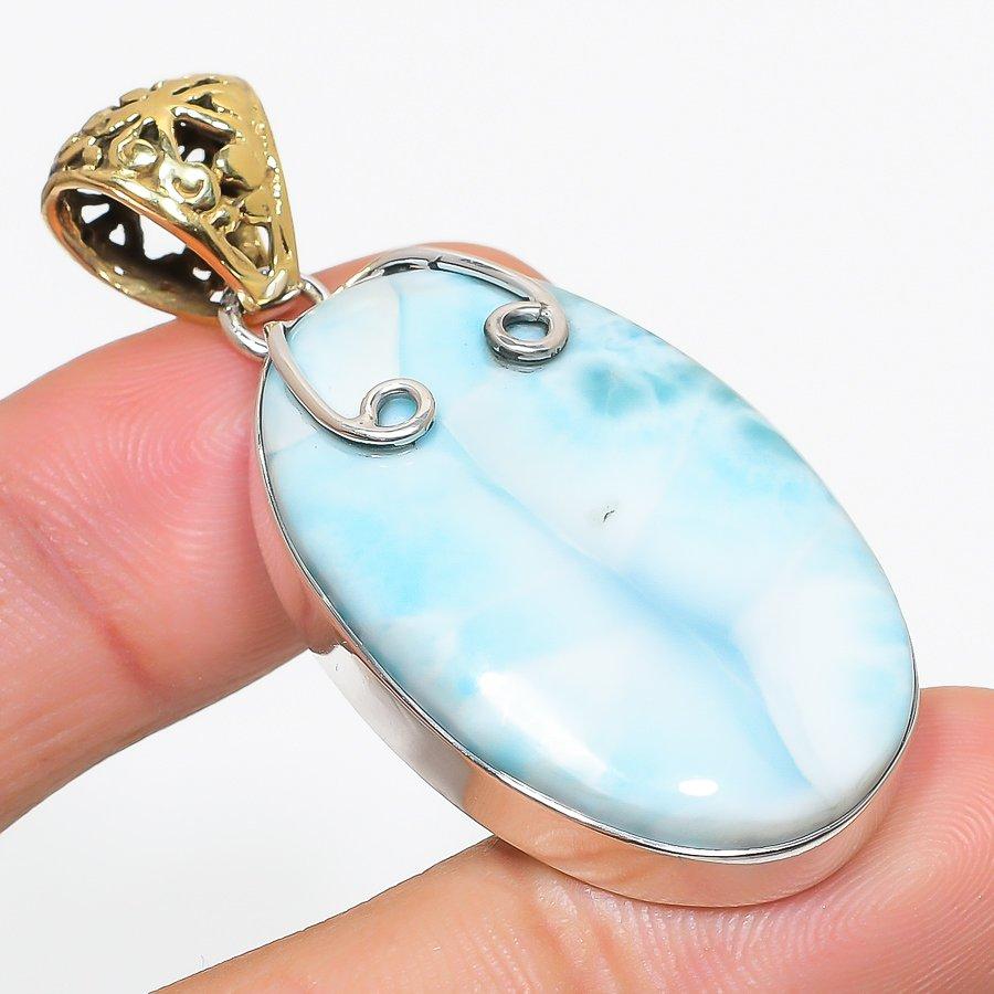 Natural Republic Larimar Gemstone 925 Solid Sterling Silver Gift Pendant 2" D4y83