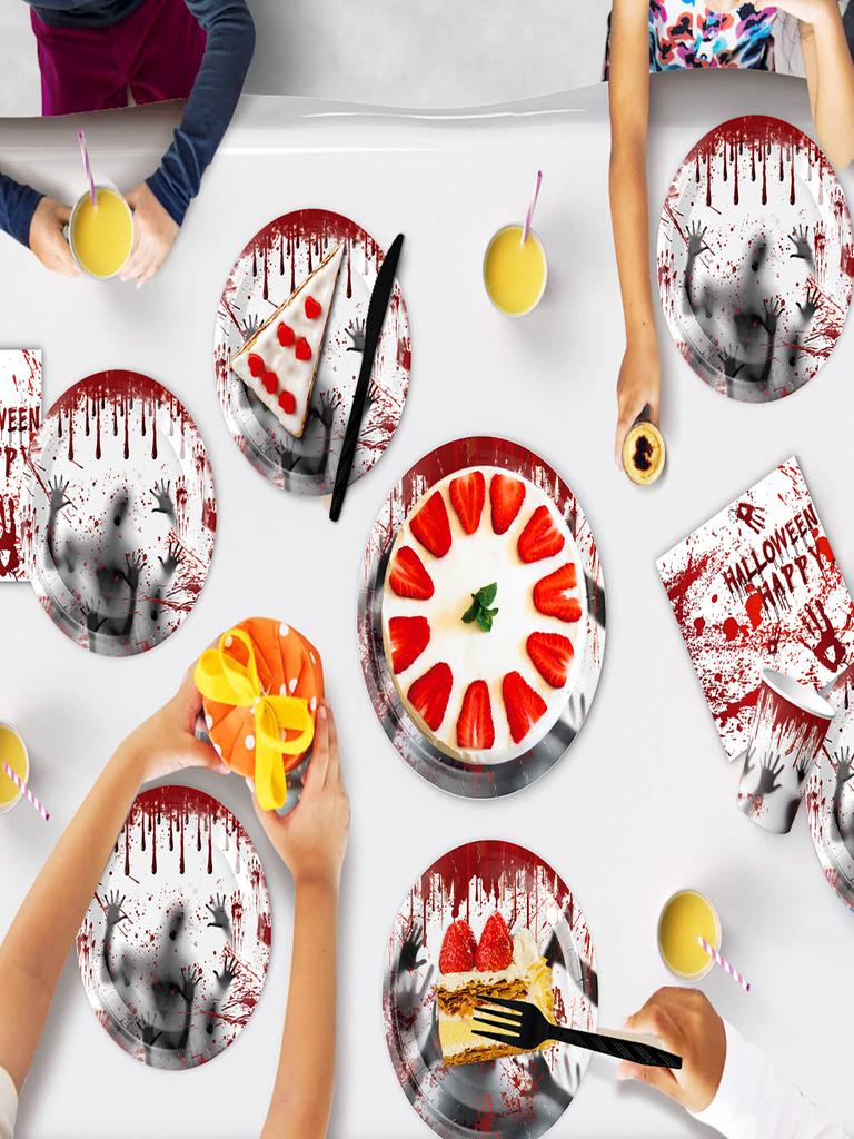 10Guests Halloween Party Decoration Ghost Festival Supplies Bloodstained Handprint Plates Cups Napkins Happy Halloween Day 2026