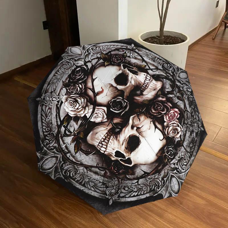 1pc Skulls and Roses Circular Artwork Umbrella with Plastic Handle,Suitable for All Seasons Home Travel Outdoor UmbrellaDD051