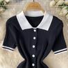 Sweet Two 2 Pieces College Set for Women Summer Sexy Polo Collar Short Sleeve Buttons Knit Top and Elastic Waist Mini Pleated Skirt Suits