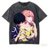 Стильная винтажная стираная черная футболка с коротким рукавом DARLING in the FRANXX Зеро Ту и Хиро Аниме Повседневная хлопковая