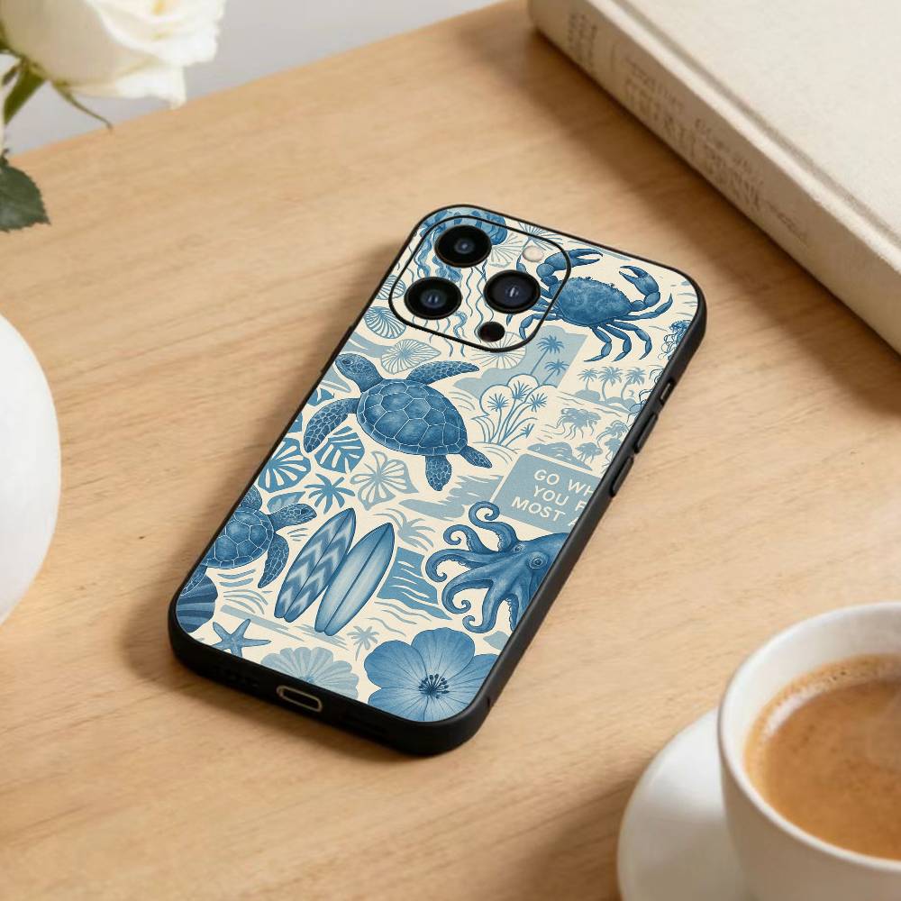 Colorful Marine Organism Phone Case For iPhone 17 16 15 14 13 12 Max Plus Silicone Black Cover