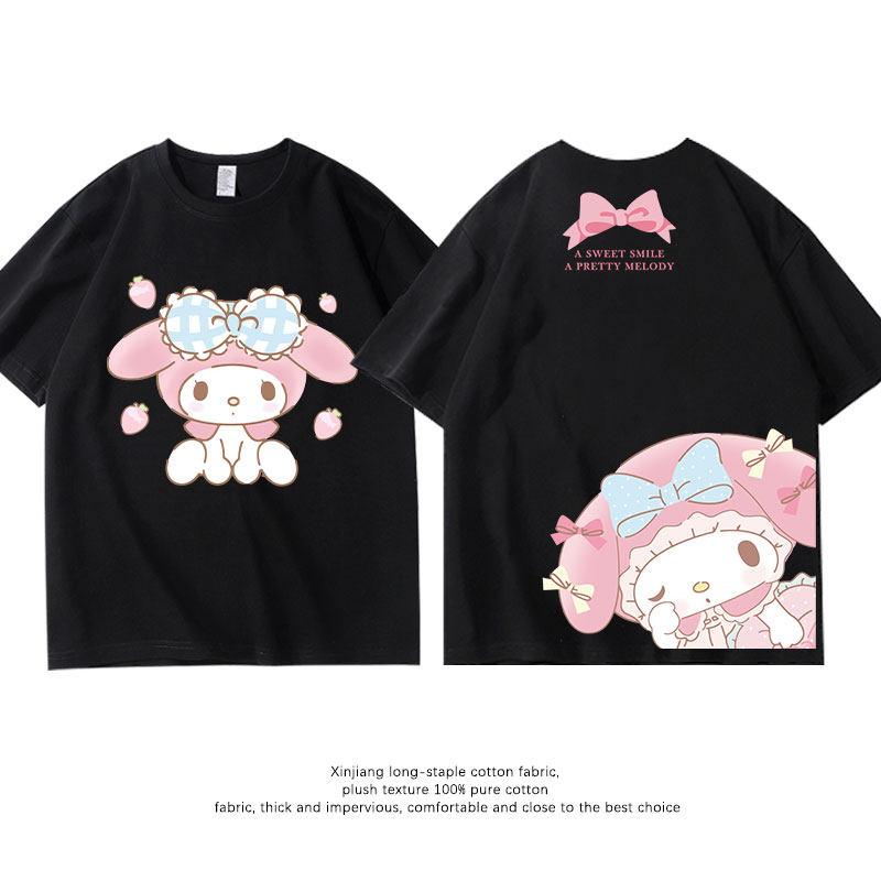 Black Melody Pure Cotton Childrens Tshirt Summer Fashion Double Sided Cartoon Printed Parent Child Round Neck Tshirt