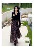 Temperament waist cinching fake two piece French floral long-sleeved dress for women