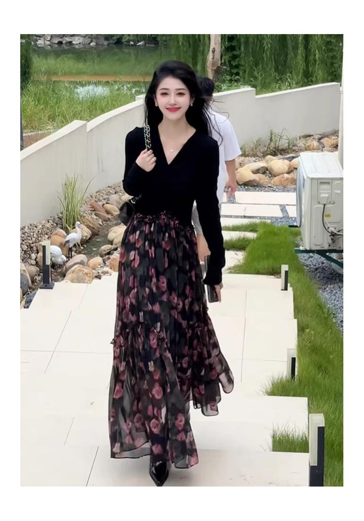 Temperament waist cinching fake two piece French floral long-sleeved dress for women