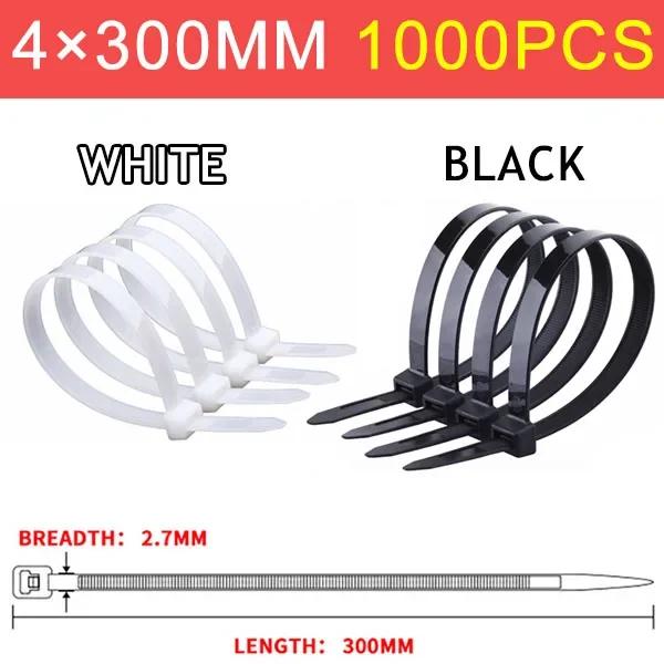 1000Pcs 5X300mm Self-locking Nylon Plastic Tie White/Black Cable Tie Fastening Ring 3X200mm Wraps Strap Zip Tie