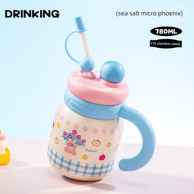 Large-Capacity Thermos Cup with Ceramic Inner Liner, High-Value Aesthetic Water Bottle with Straw for Women, Cute Desktop Office Mug