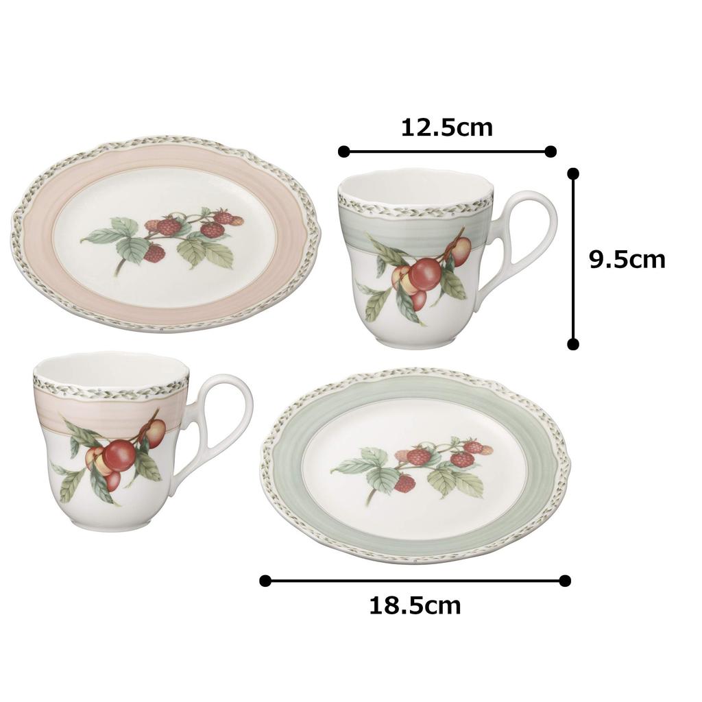 Noritake Кружка и тарелка (Парный набор) - Тарелка 19 см и кружка 375 мл, дизайн «Фруктовый сад», две кружки и две тарелки, тонкий фарфор (Белый с оттенком), M9719/4911-12
