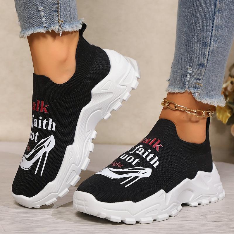 2024 г., спортивные кроссовки с буквенным принтом, женские, дышащие, с толстой подошвой, белые, женские, удобные, без застежек, трикотажные, балетки, женские