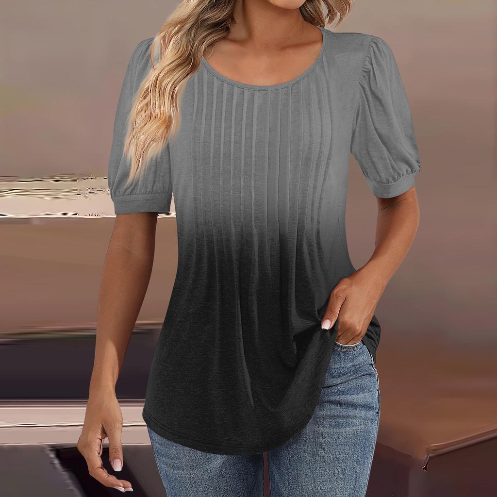 Женские пышные туники с короткими рукавами, топы, плиссированные блузки с воротником, повседневные свободные весенне-летние футболки