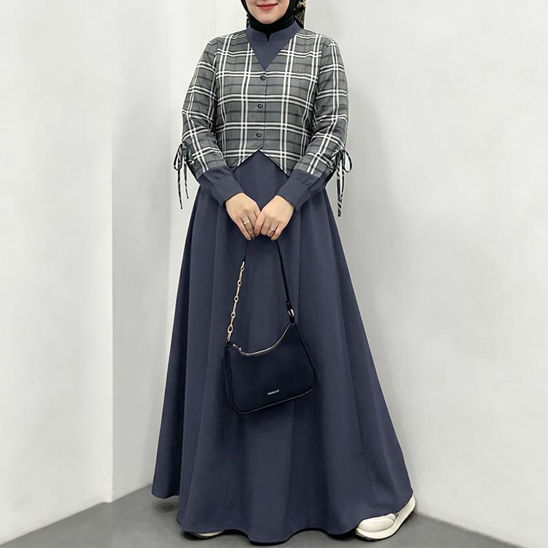 ZANZEA Women Muslim Casual Round Neck Long Sleeve Plaid Print Patchwork Loose Long Dress