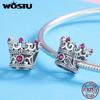 WOSTU 100% 925 Sterling Silver Queen's Crown Pink CZ Beads Charms fit Original Bracelet Necklace Women Fashion Jewelry CQC776