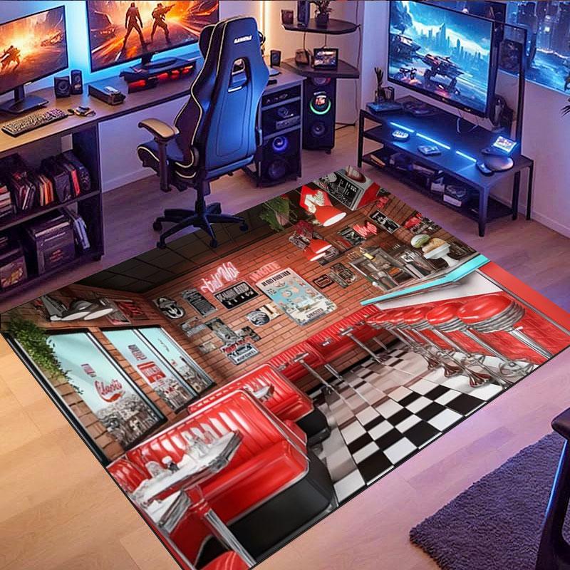 Retro Car & Rock Bar Themed Rug, non-slip rug, suitable for living room, bedroom, game room, computer room and home décor.