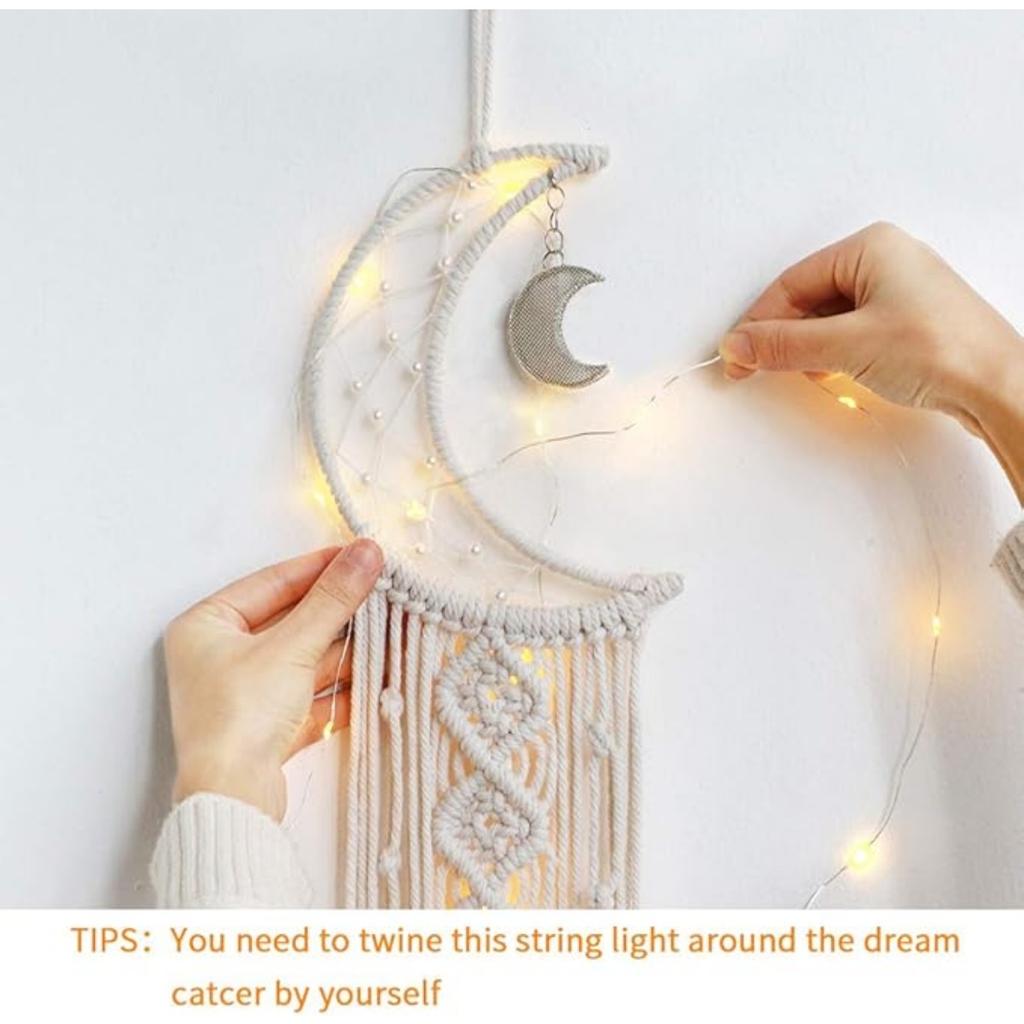 Chic Bohemian Macrame Woven Wall Hanging Moon Dream Catcher Boho Home Decor Wall Art Decor Room Decor(String Lights NOT Included)