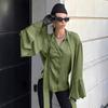 European and American ruffle edge satin top women's 1116 spring court style beige streamer shirt medium and long women's clothing