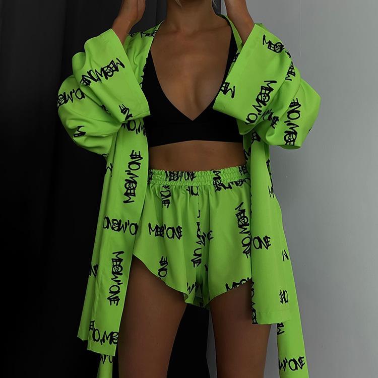 Loose Printed Women's Suits, Casual Lace-up Long-sleeved Pajamas, High-waisted Shorts, Home Service