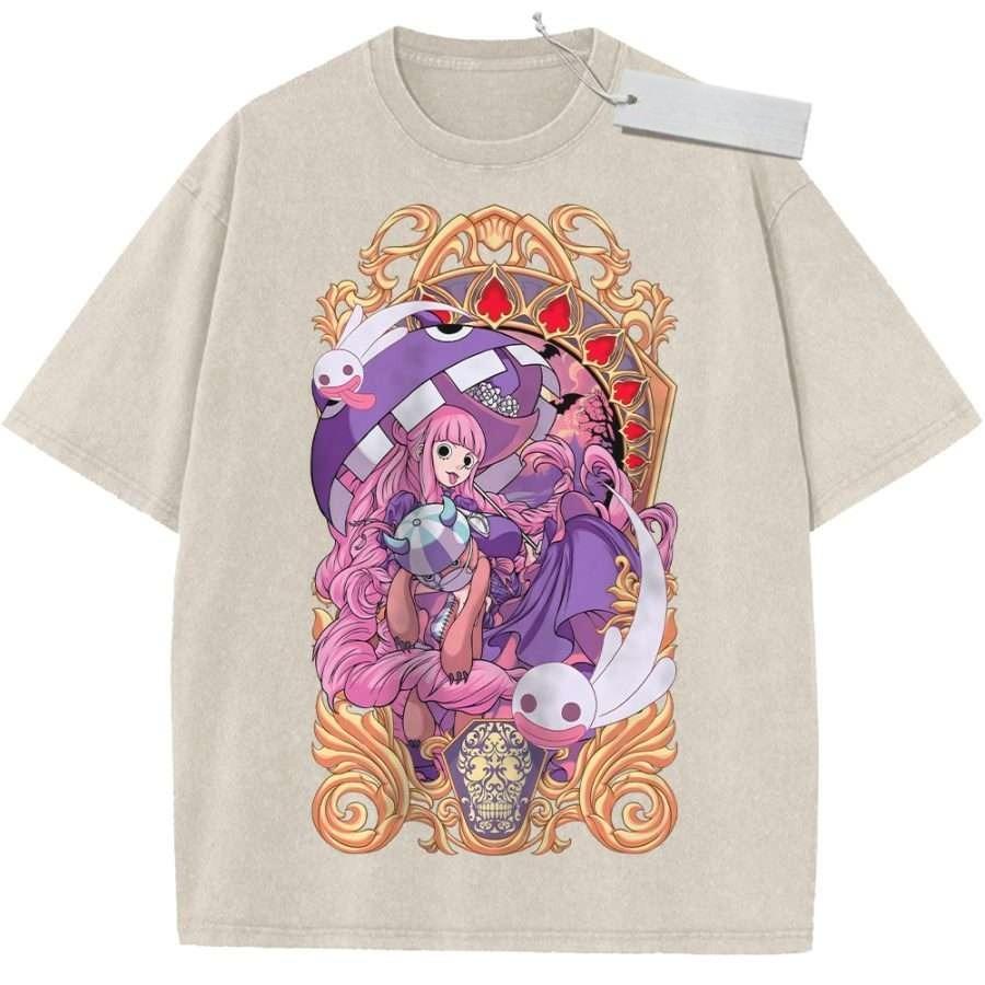 Summer Mens Purple Washed T Shirt One Piece Perona Ghost Golden Frame High Quality Fabric for Casual Shopping