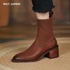 2024 New Retro Chelsea Short Boots Genuine Leather Square Heels Women Socks Ankle Boots Dancing Party Shoes Woman Platform Boots