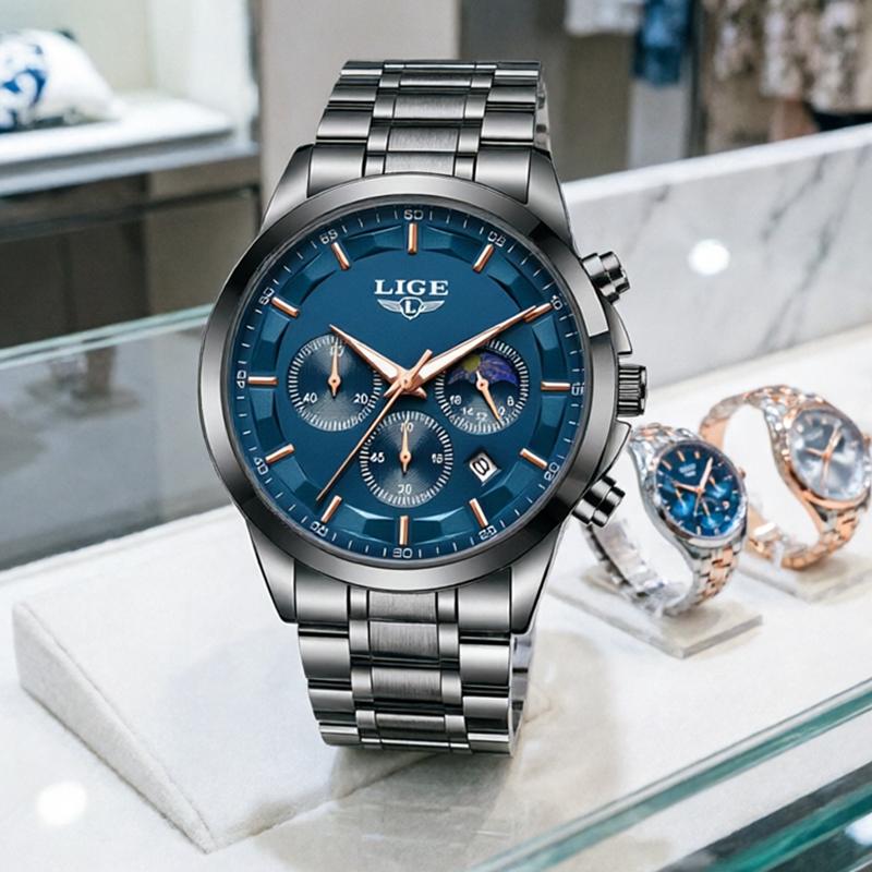 LIGE mens wristwatch Business Luminous Waterproof Calendar Moon phase Watches For Men quartz men sports watches reloj hommes+BOX