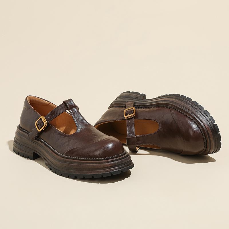 Весенне-летние кожаные туфли на толстой подошве в британском стиле, с круглым носком, в стиле ретро, Мэри Джейн, в стиле Хепберн, с Т-образным ремешком, одинарные туфли для женщин