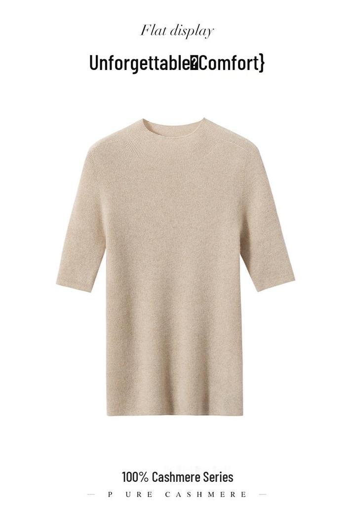 Autumn/Winter Seamless Short-Sleeve Cashmere Knit Sweater with Half-High Collar