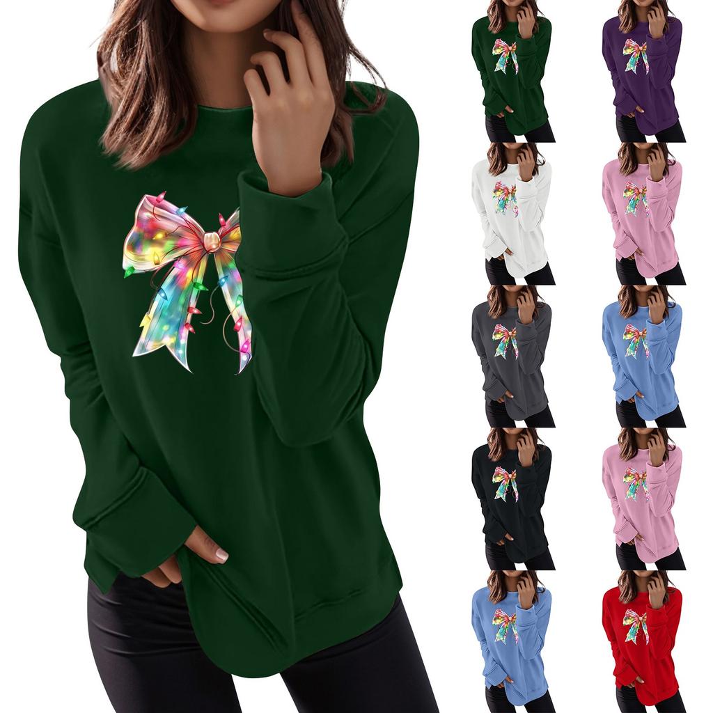 Women's Fashion Casual Christmas Bow Printed Round Neck Top