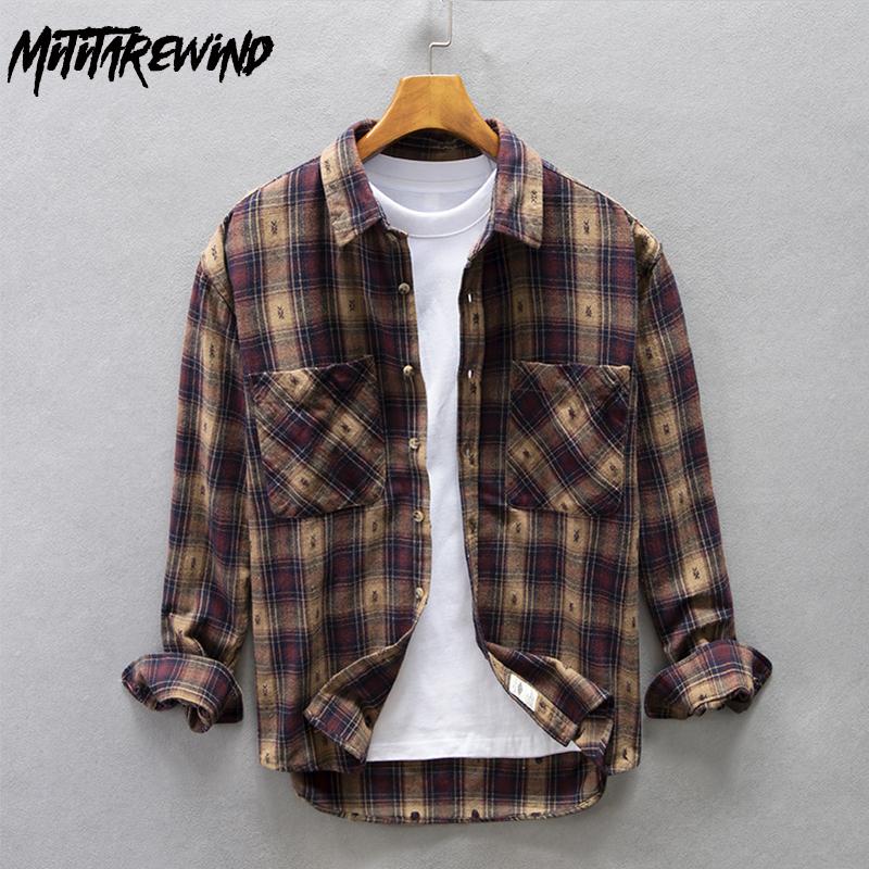 Рубашки весна/осень для мужчин, свободная рубашка в клетку в стиле ретро с двойными карманами, воротником-лацкан, мужская повседневная рубашка из чистого хлопка, молодежная верхняя рубашка