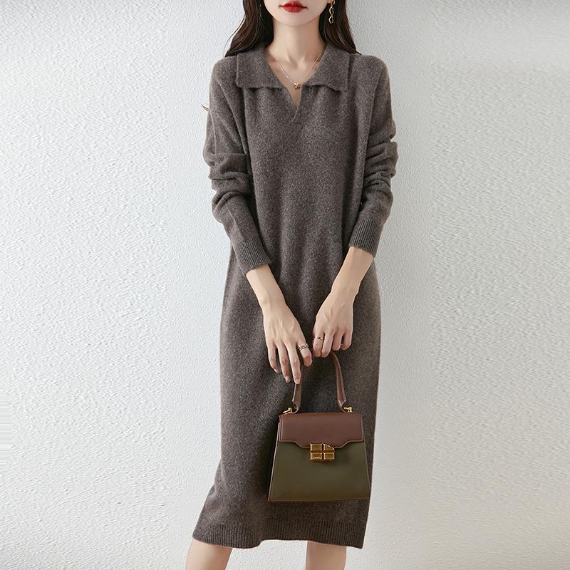 Женское платье-свитер 100% шерсть MODERN NEW SAGA V-образный вырез трикотажный длинный пуловер воротник поло зимние джемперы шерстяное длинное платье женское