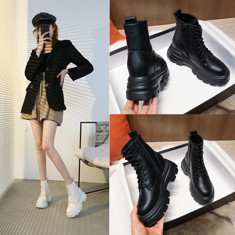 Leather Martin Boots Women's Shoes 2025 New Autumn High-top Thin Casual Platform Tide Ins Inner Height-increasing Short Boots