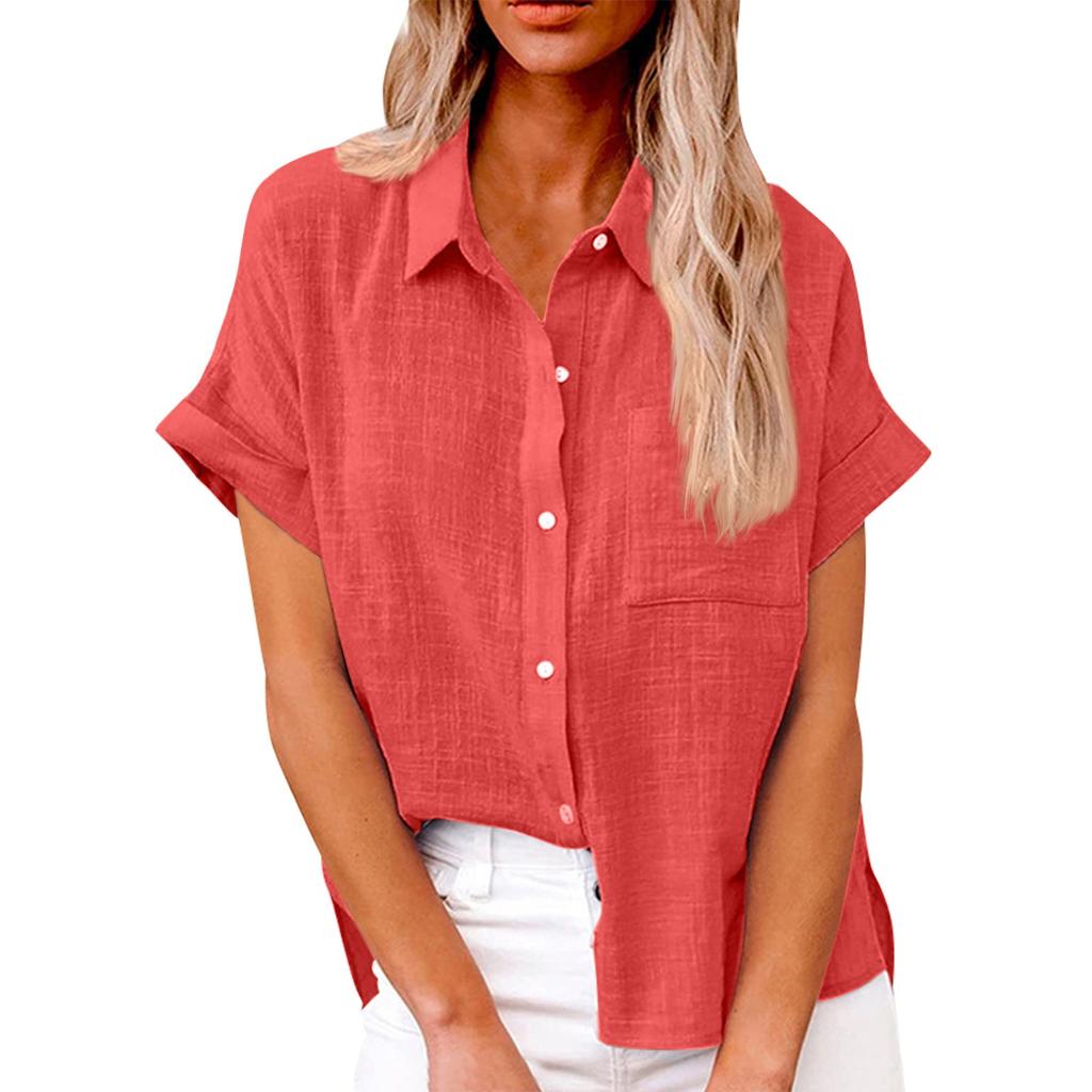 Женская повседневная модная хлопково-льняная рубашка с короткими рукавами и лацканами на пуговицах, топ