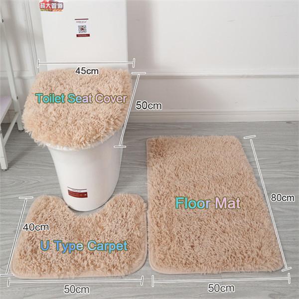 3 Pcs/set of Solid Color Bathroom Mat Set Fluffy Bristles Bath Blanket Modern Toilet Cover Blanket Set Rectangle