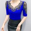 New Summer Luxury Shiny Hot Diamonds Women's Embroidery Flower T-Shirt Elegant V-Neck Lace Patchwork Tops Female Transparent Mid-Sleeve Tees