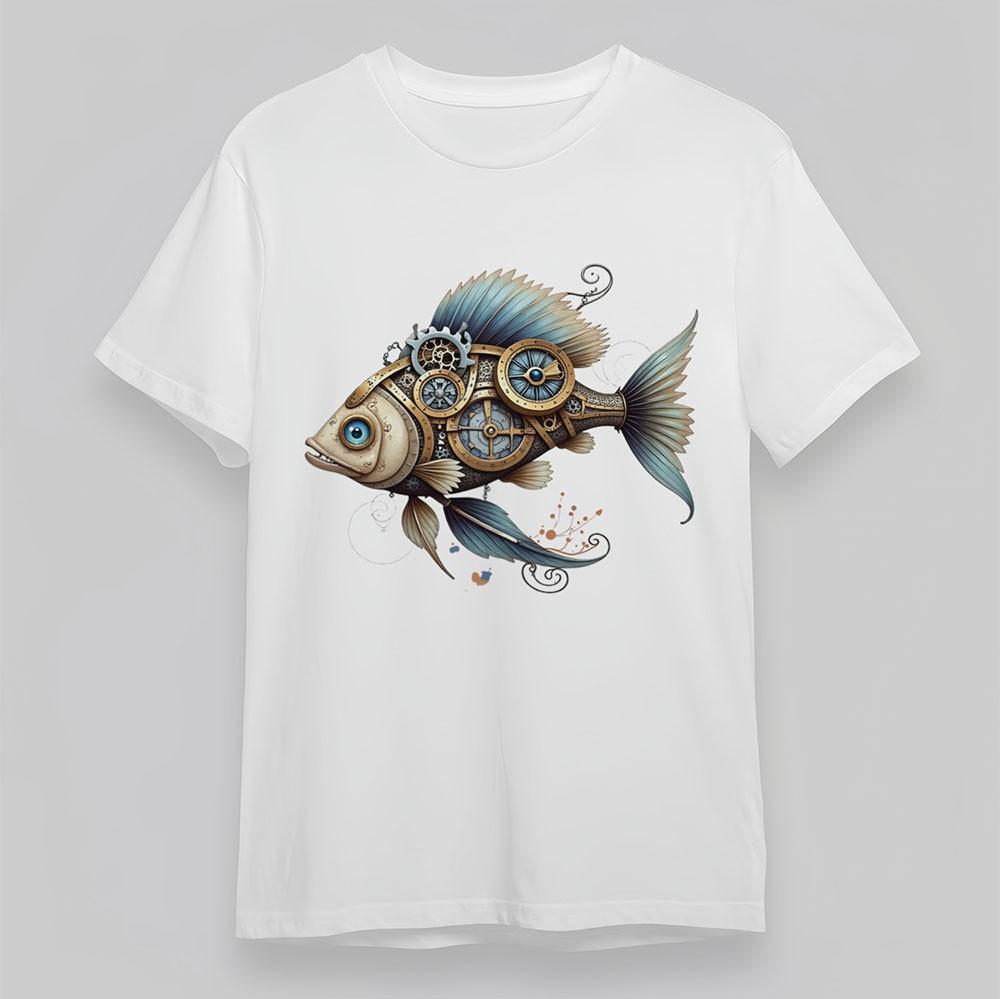 Men's Cotton T-Shirt Steampunk Fish Gold Gears Blue Accents Short Tee Oversize