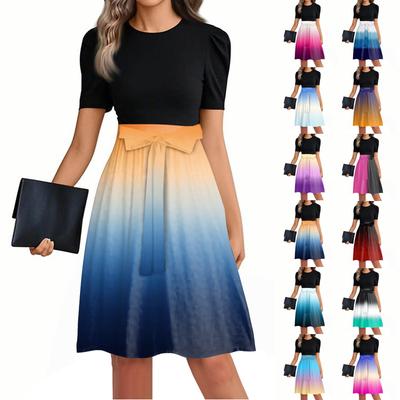 Женское модное повседневное платье с короткими рукавами и круглым вырезом с принтом в стиле пэчворк