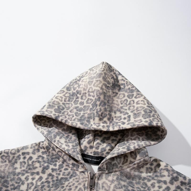 Mens Oversized Hooded Zip-Up Sweatshirt With Leopard Print Retro Streetwear Style