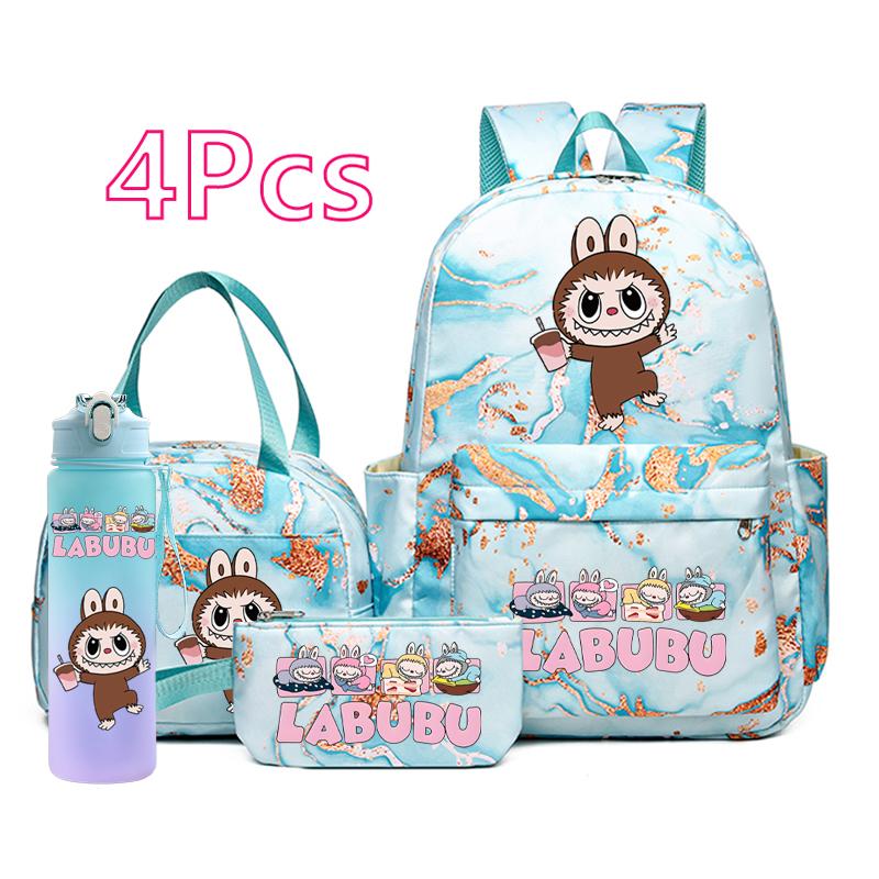 4Pcs/set Cartoon Printed Backpack Pencil Bag Lunch Bag Outdoor Water Bottle Student Girl Large Capacity Schoolbag Travel Bag Gift