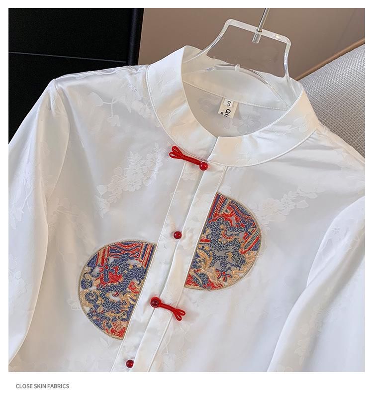 New Hanfu Jacquard Embroidered Long Sleeve Top with Frog Button