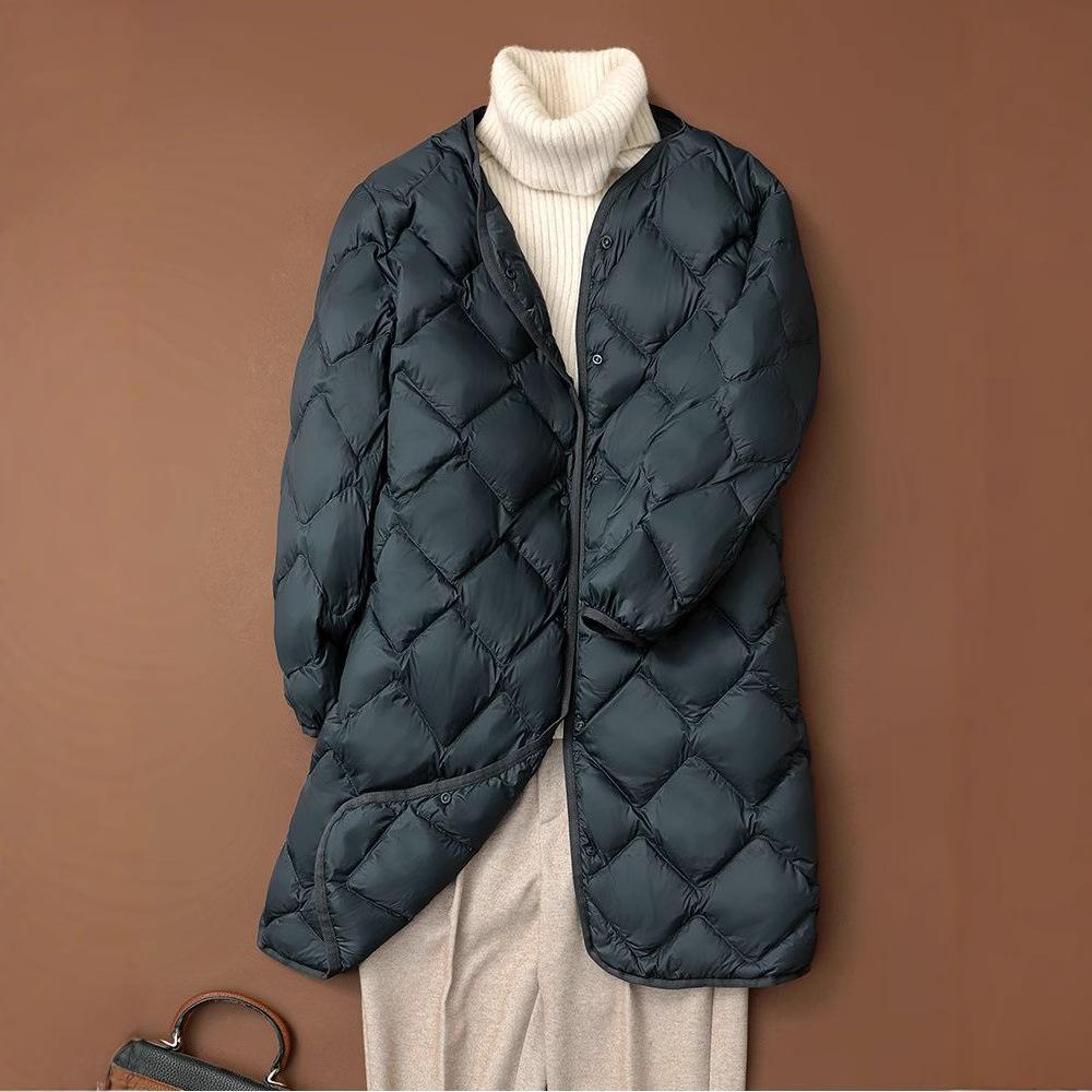New autumn and winter down jacket women's light and medium-length V-neck round neck liner white duck down casual rhombus warm jacket
