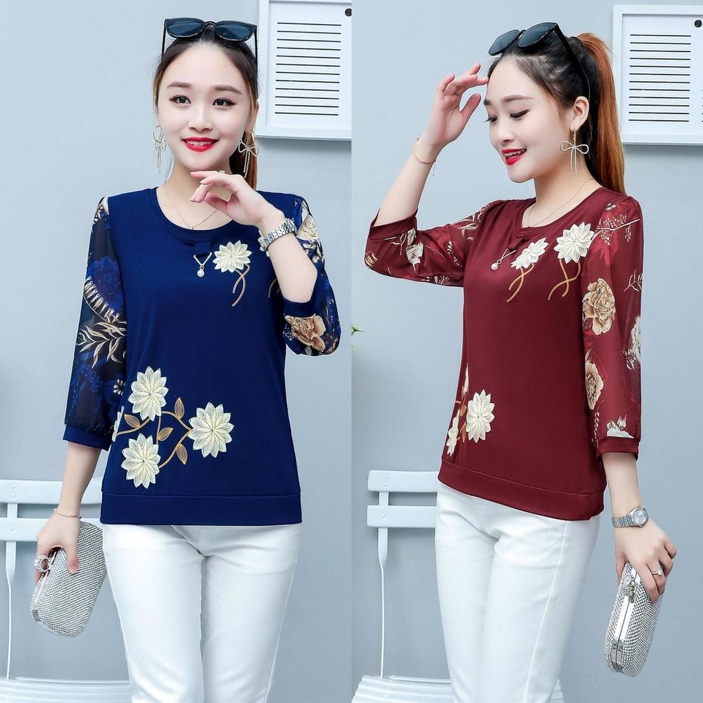 Новый летний короткий топ с рукавами четверти, женская футболка, свободный круглый воротник с принтом, одежда для матери, M-5XL