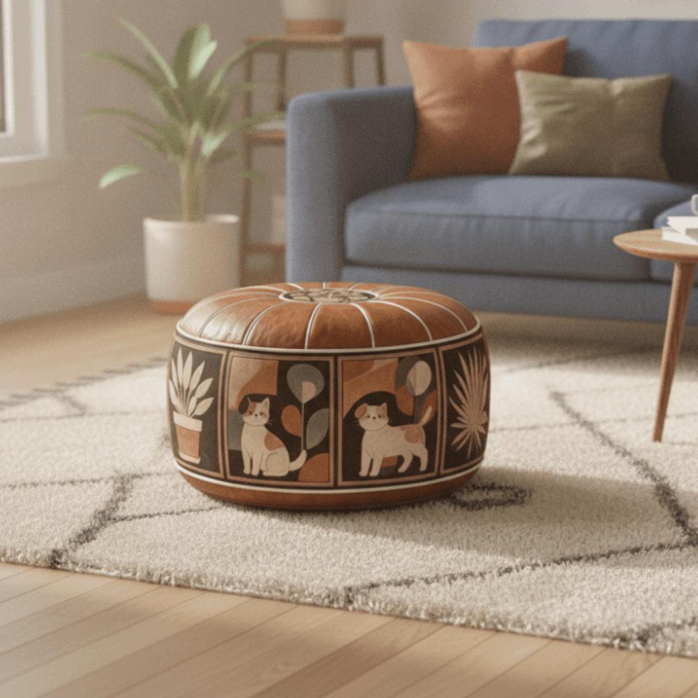 Unfilled Oil Painting Pattern Stool Cover PU Leather Floor Seat Cushion Home Decor