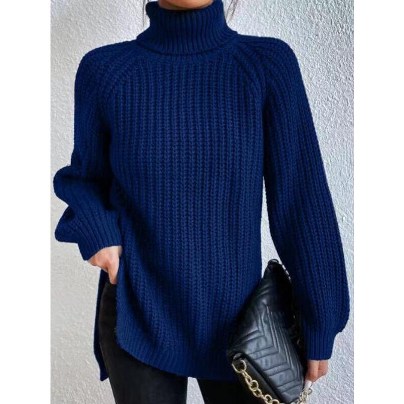 Autumn and Winter Women's Plus Size Knit Sweater Medium Long Shoulder Sleeve High Lapel Split Sweater Dress